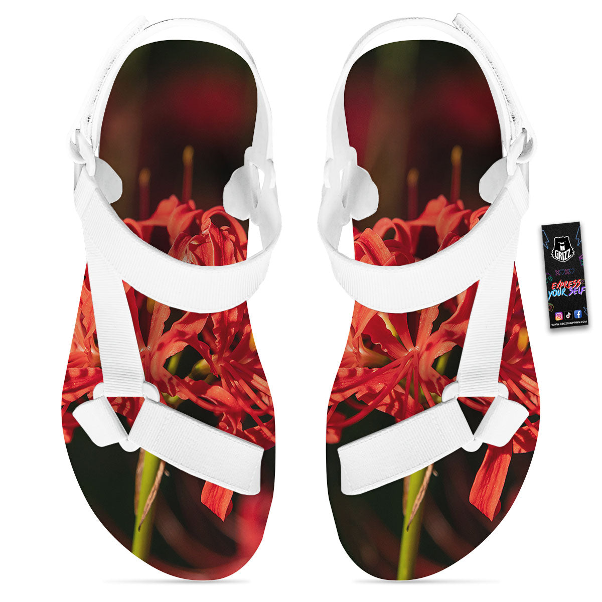 Amaryllis Red Japanese Print White Open Toe Sandals-grizzshop