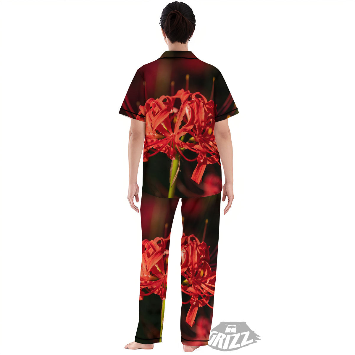 Amaryllis Red Japanese Print Women's Pajamas Set-grizzshop