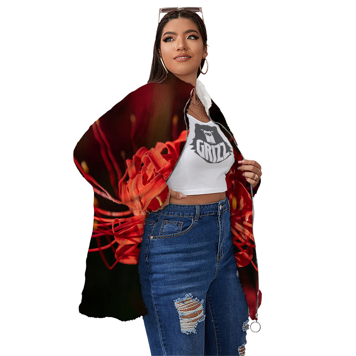 Amaryllis Red Japanese Print Women's Sherpa Jacket-grizzshop