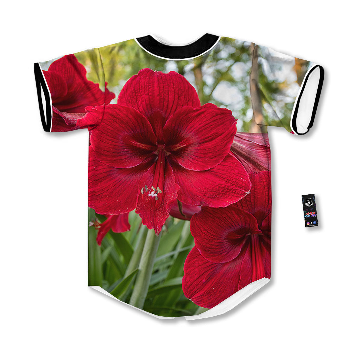 Amaryllis Red Print Baseball Jersey-grizzshop