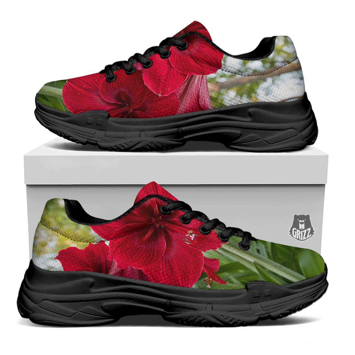 Amaryllis Red Print Black Chunky Shoes-grizzshop