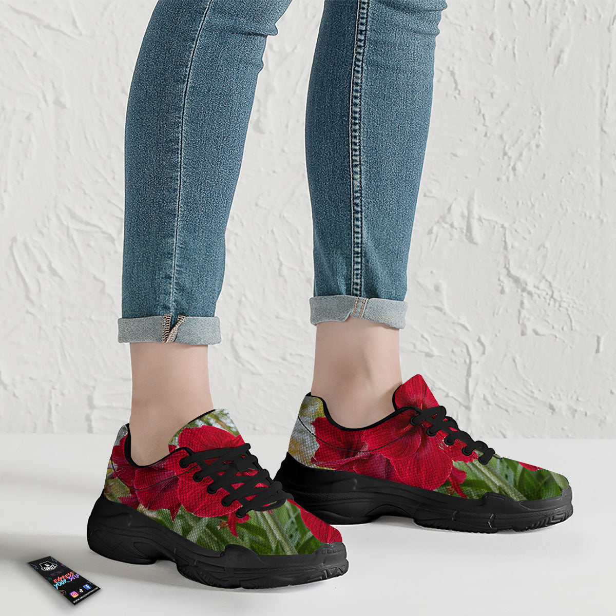 Amaryllis Red Print Black Chunky Shoes-grizzshop