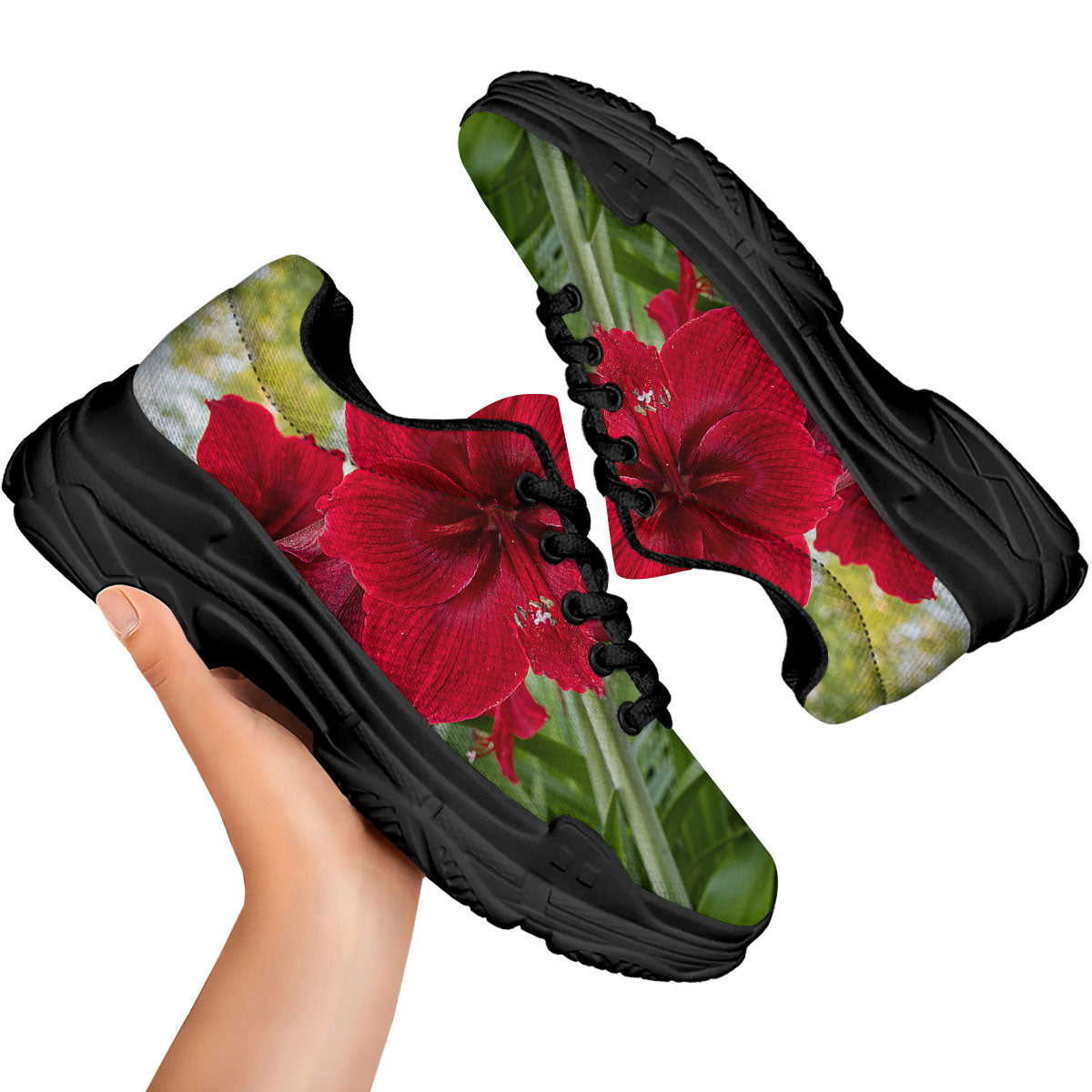 Amaryllis Red Print Black Chunky Shoes-grizzshop
