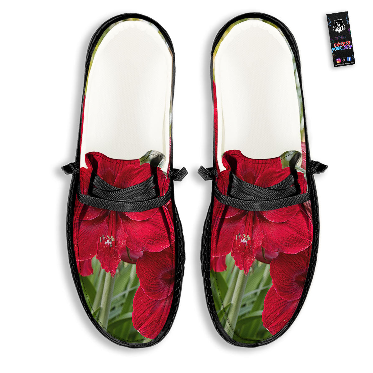Amaryllis Red Print Black Loafers-grizzshop