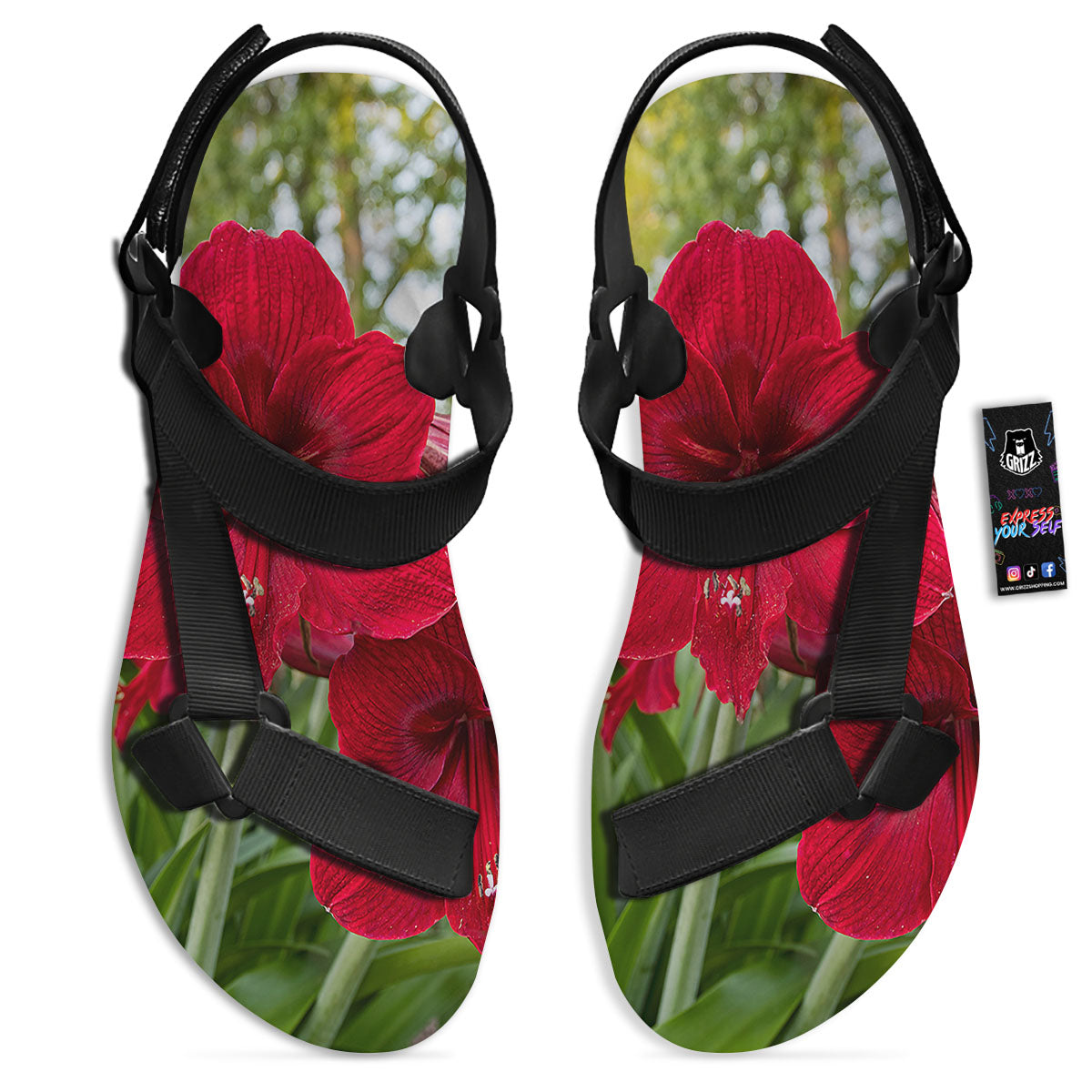 Amaryllis Red Print Black Open Toe Sandals-grizzshop