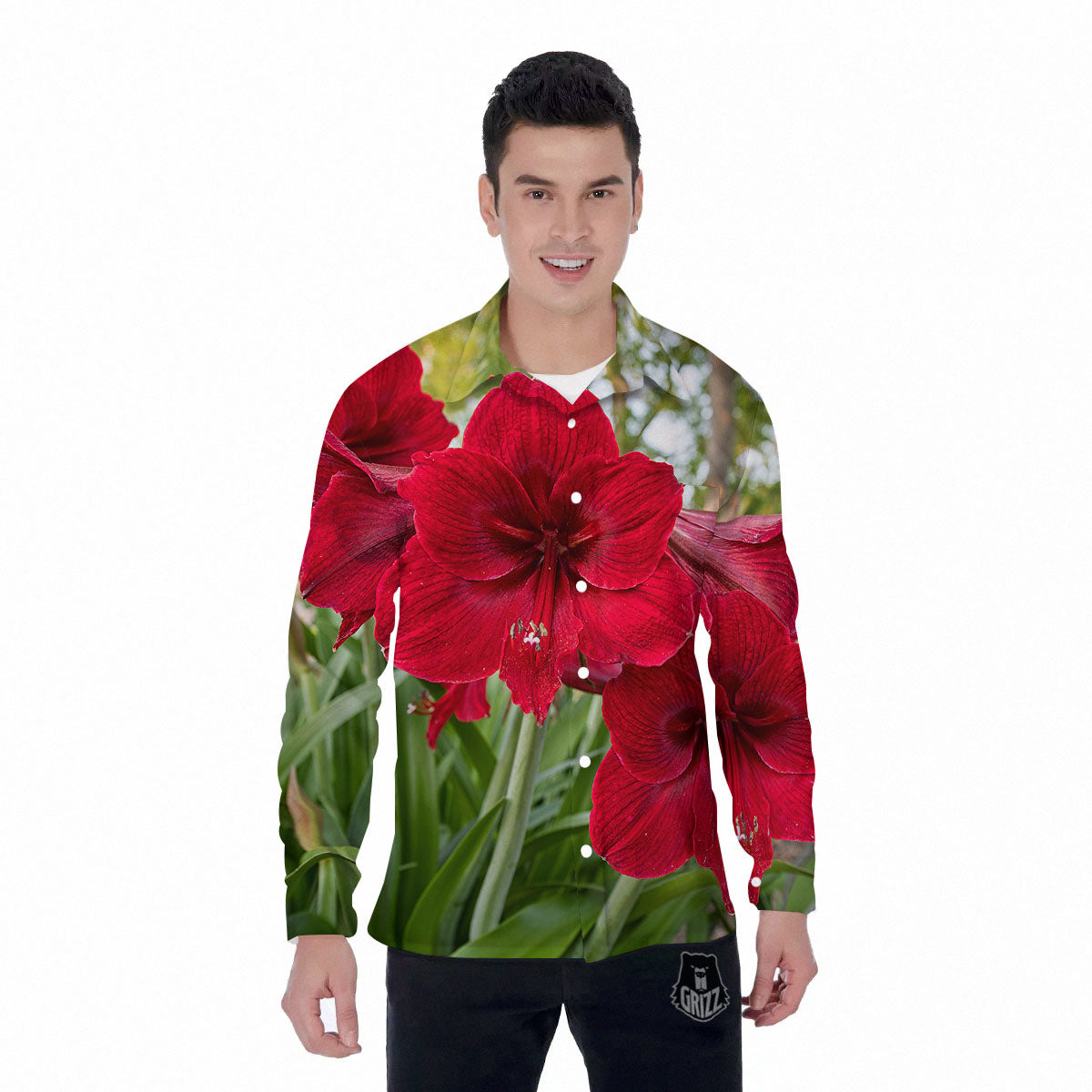 Amaryllis Red Print Men's Long Sleeve Shirts-grizzshop
