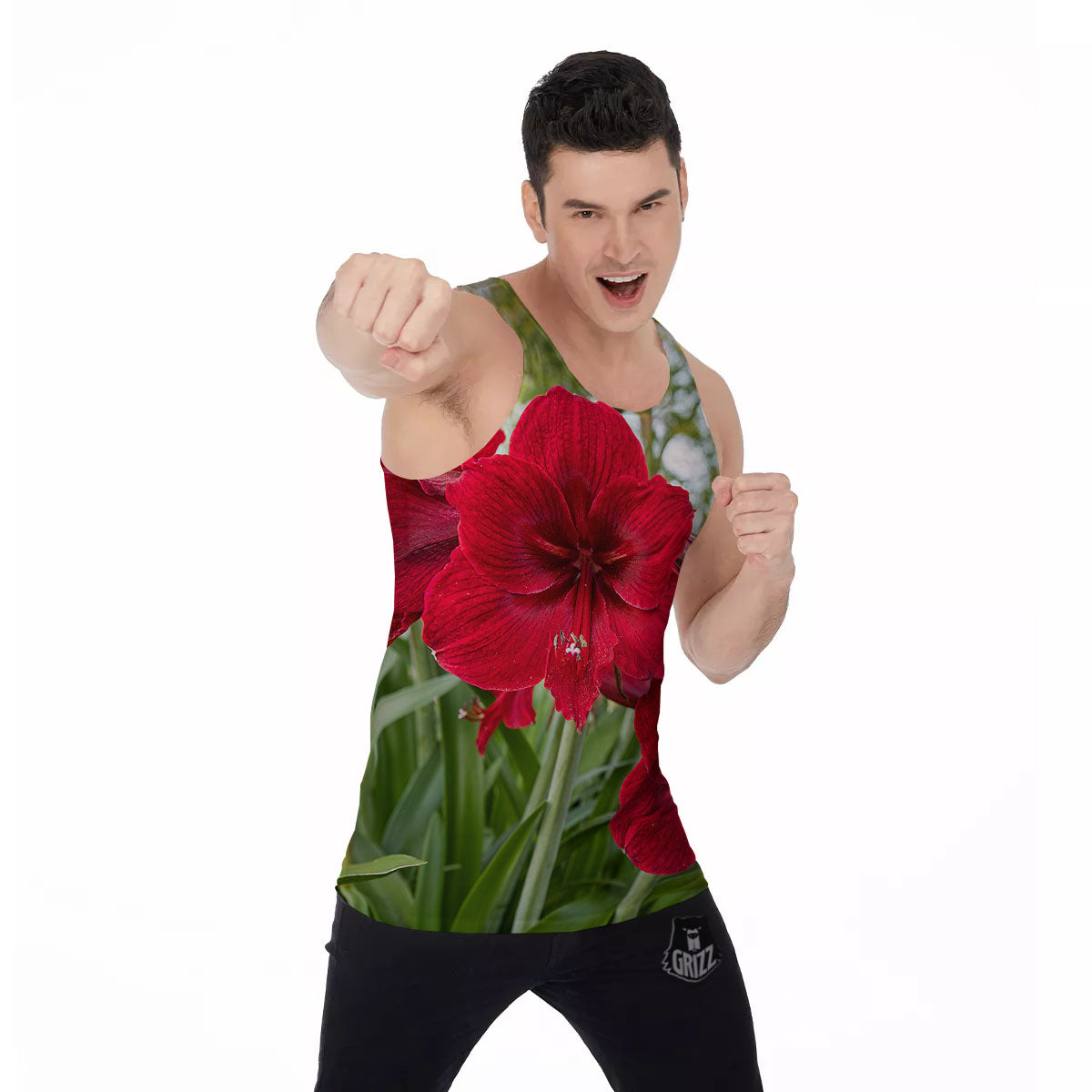 Amaryllis Red Print Men's Tank Top-grizzshop