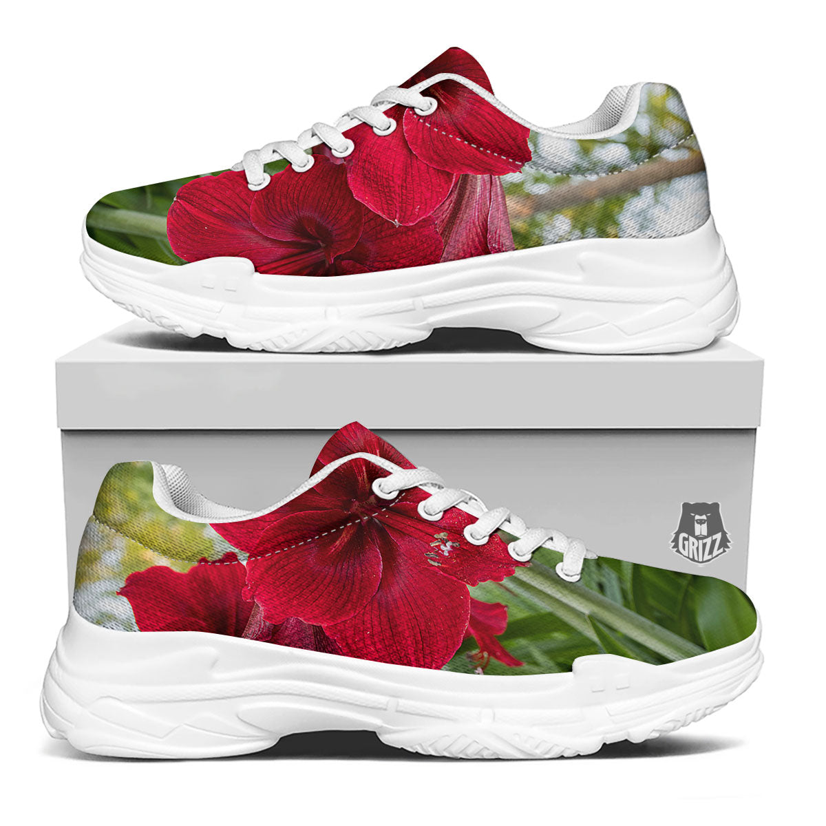 Amaryllis Red Print White Chunky Shoes-grizzshop