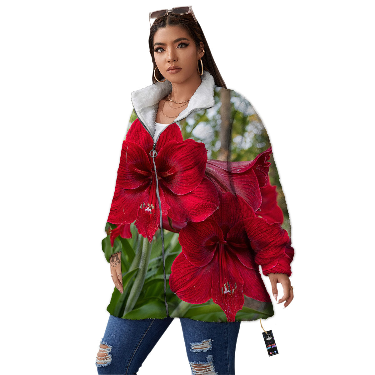 Amaryllis Red Print Women's Sherpa Jacket-grizzshop