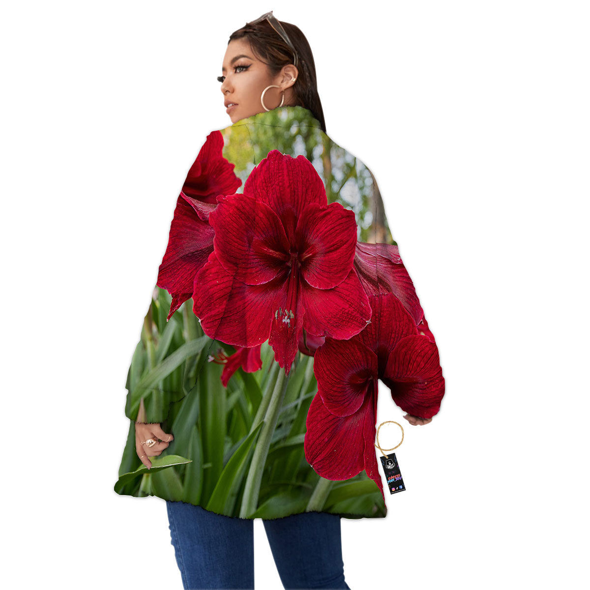 Amaryllis Red Print Women's Sherpa Jacket-grizzshop
