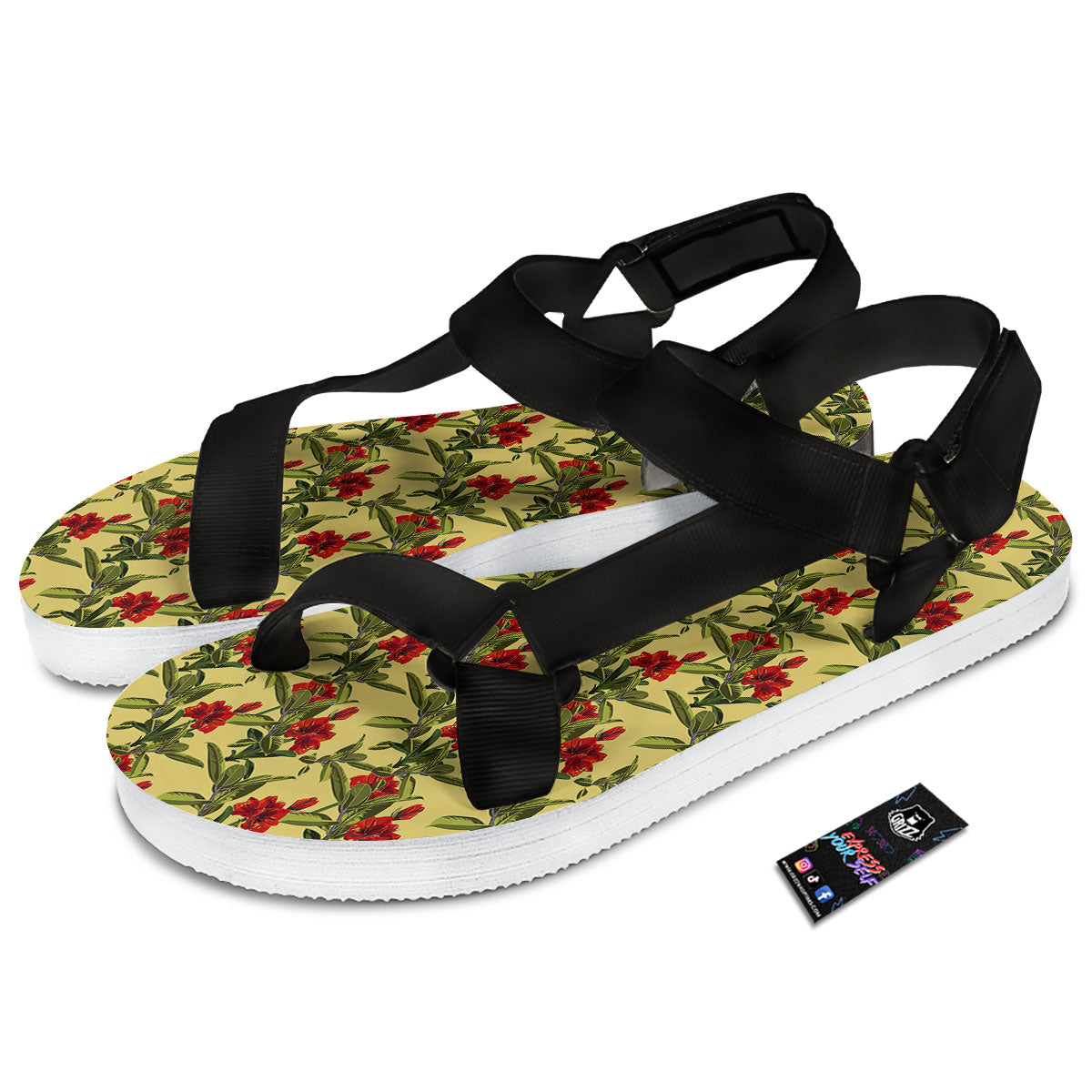 Amaryllis Red Yellow Print Pattern Black Open Toe Sandals-grizzshop
