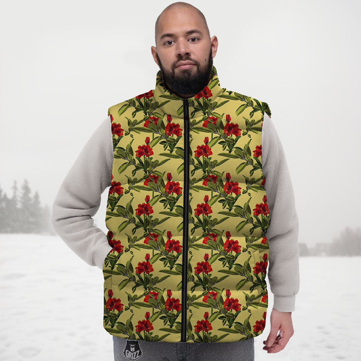 Amaryllis Red Yellow Print Pattern Down Vest-grizzshop