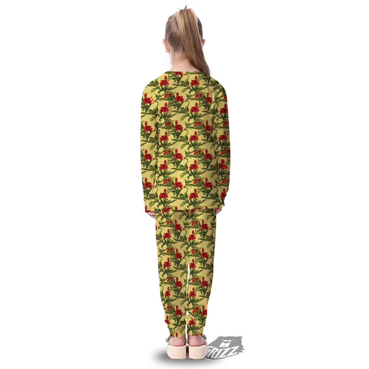 Amaryllis Red Yellow Print Pattern Kid's Pajamas-grizzshop