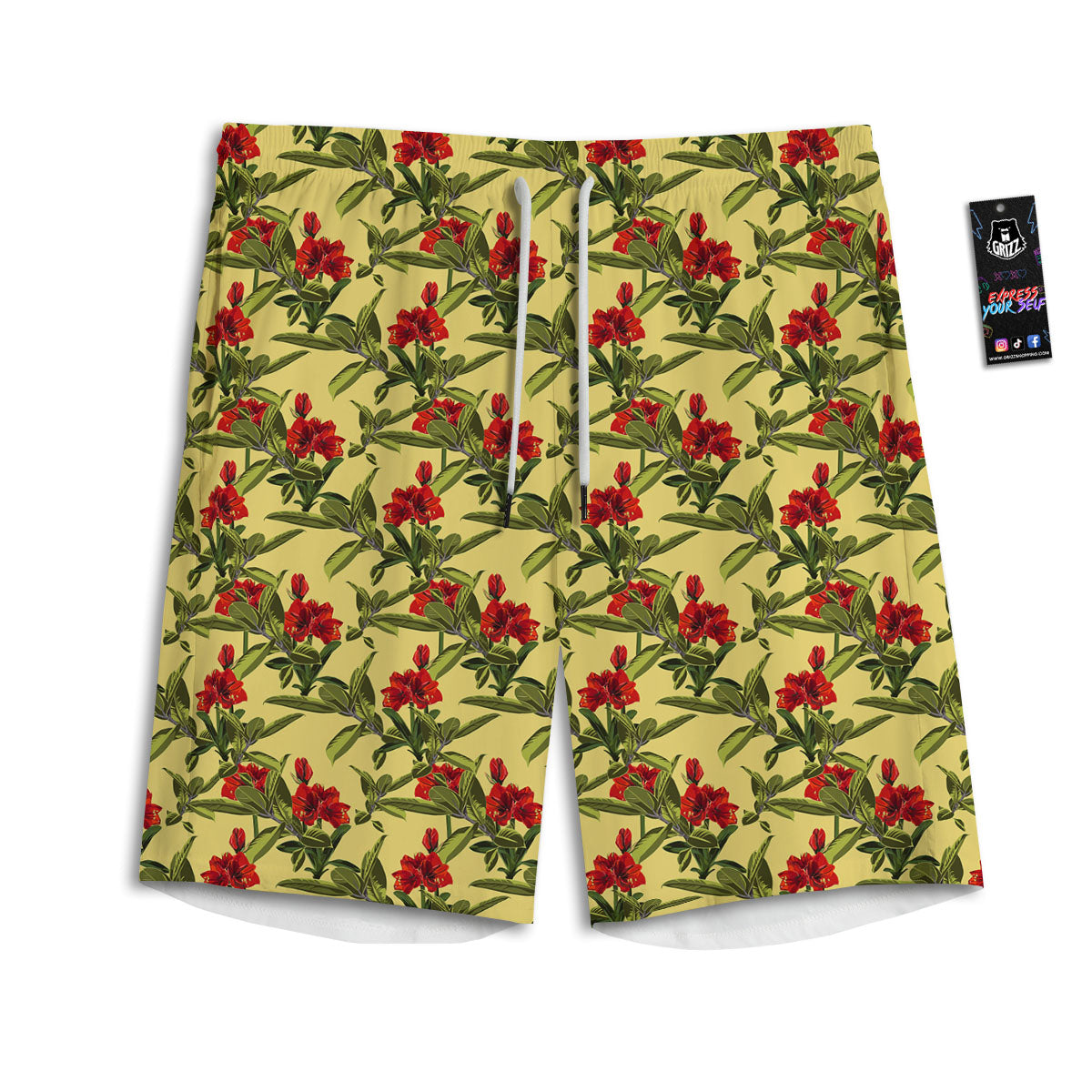 Amaryllis Red Yellow Print Pattern Men's Athletic Shorts