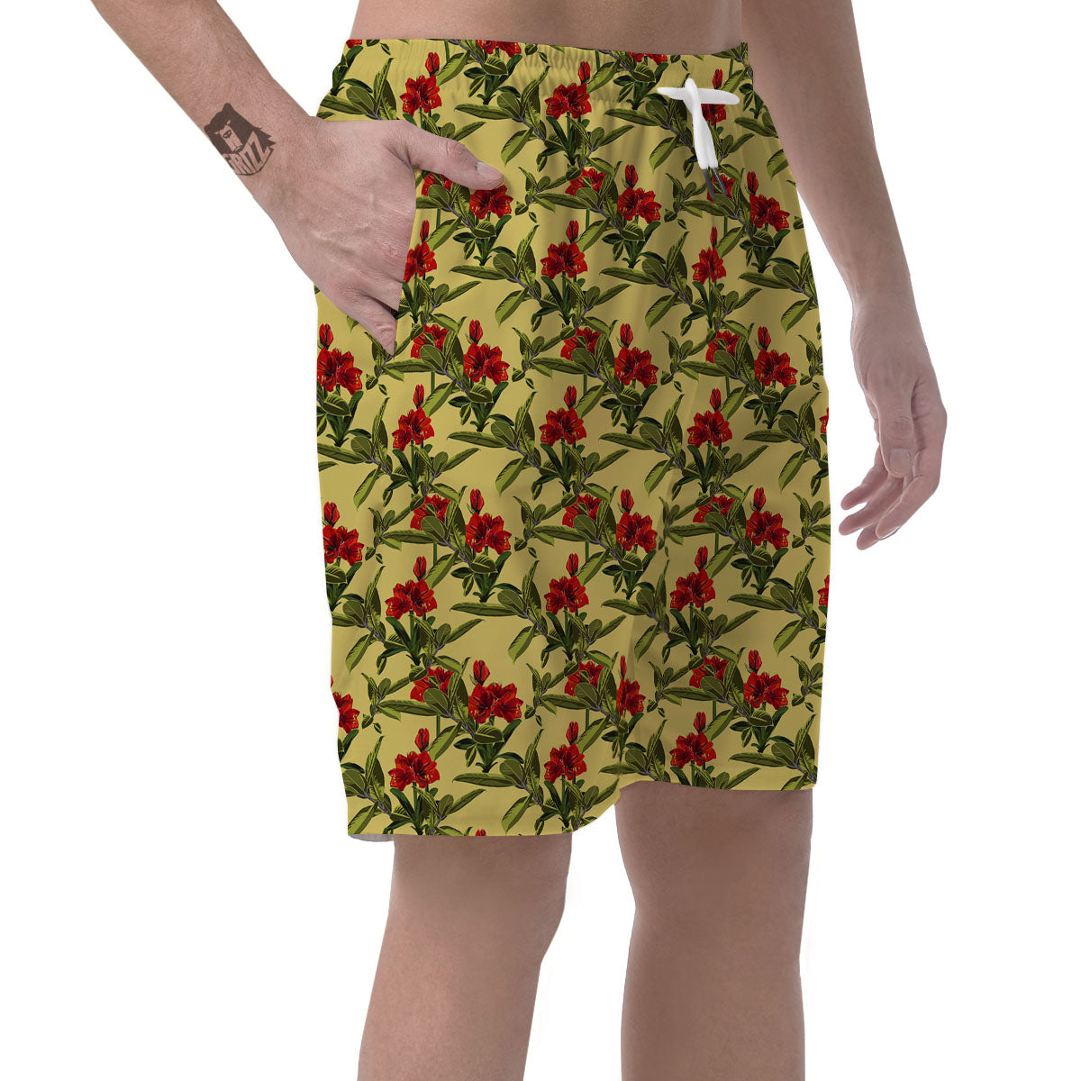 Amaryllis Red Yellow Print Pattern Men's Shorts-grizzshop