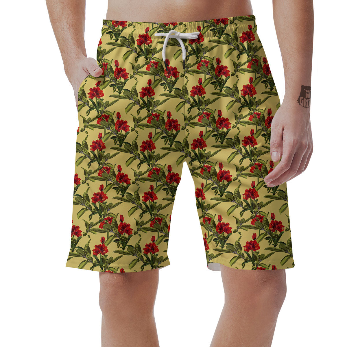 Amaryllis Red Yellow Print Pattern Men's Shorts-grizzshop