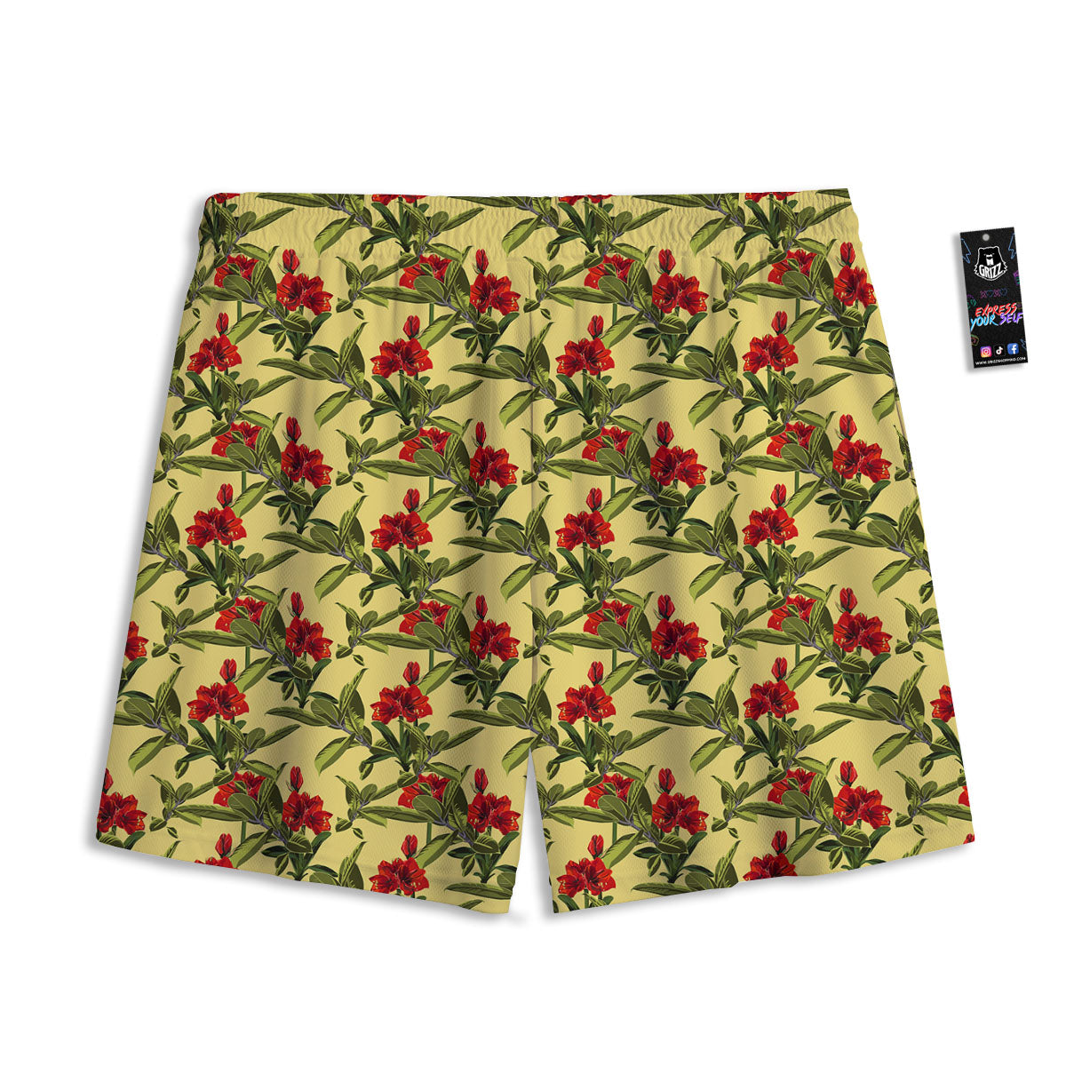 Amaryllis Red Yellow Print Pattern Mesh Shorts