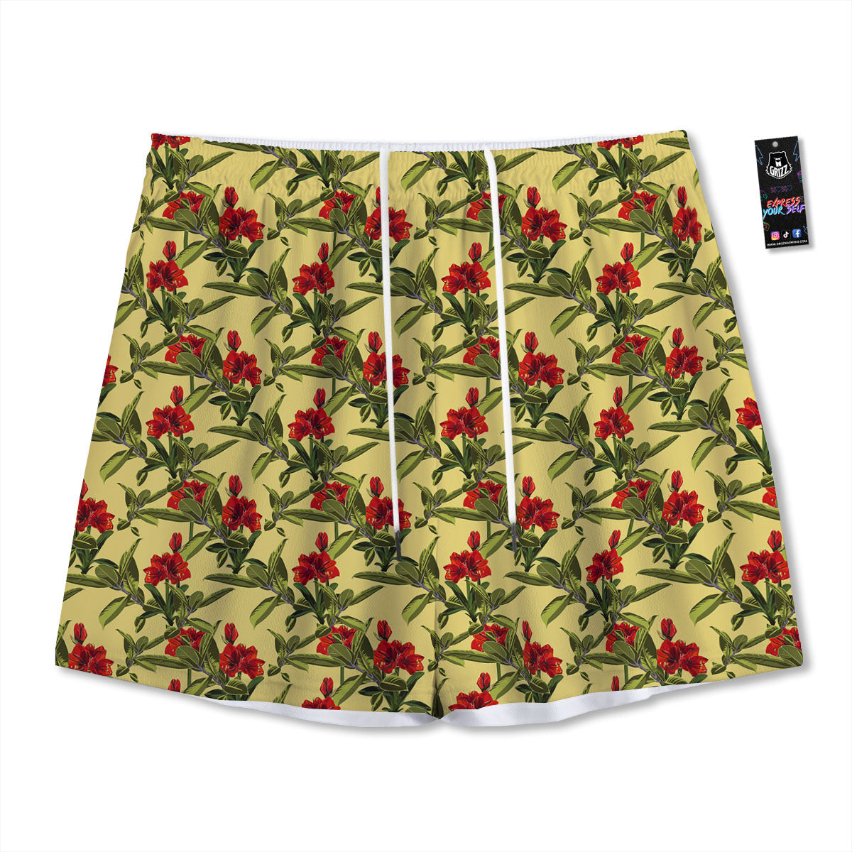 Amaryllis Red Yellow Print Pattern Mesh Shorts