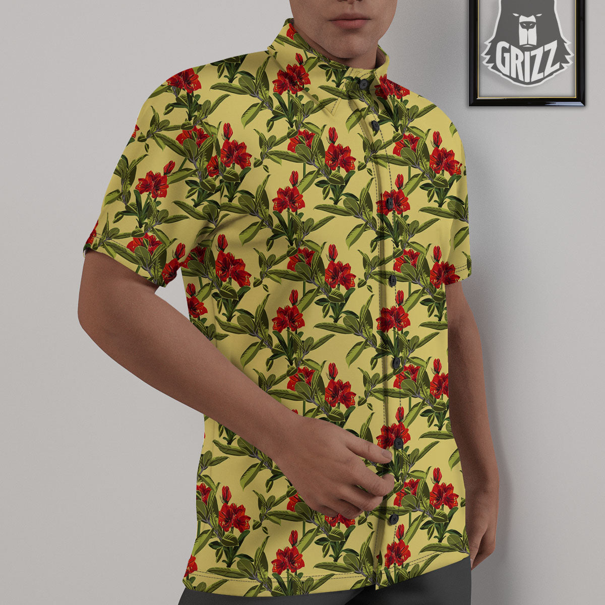 Amaryllis Red Yellow Print Pattern Untucked Shirts-grizzshop