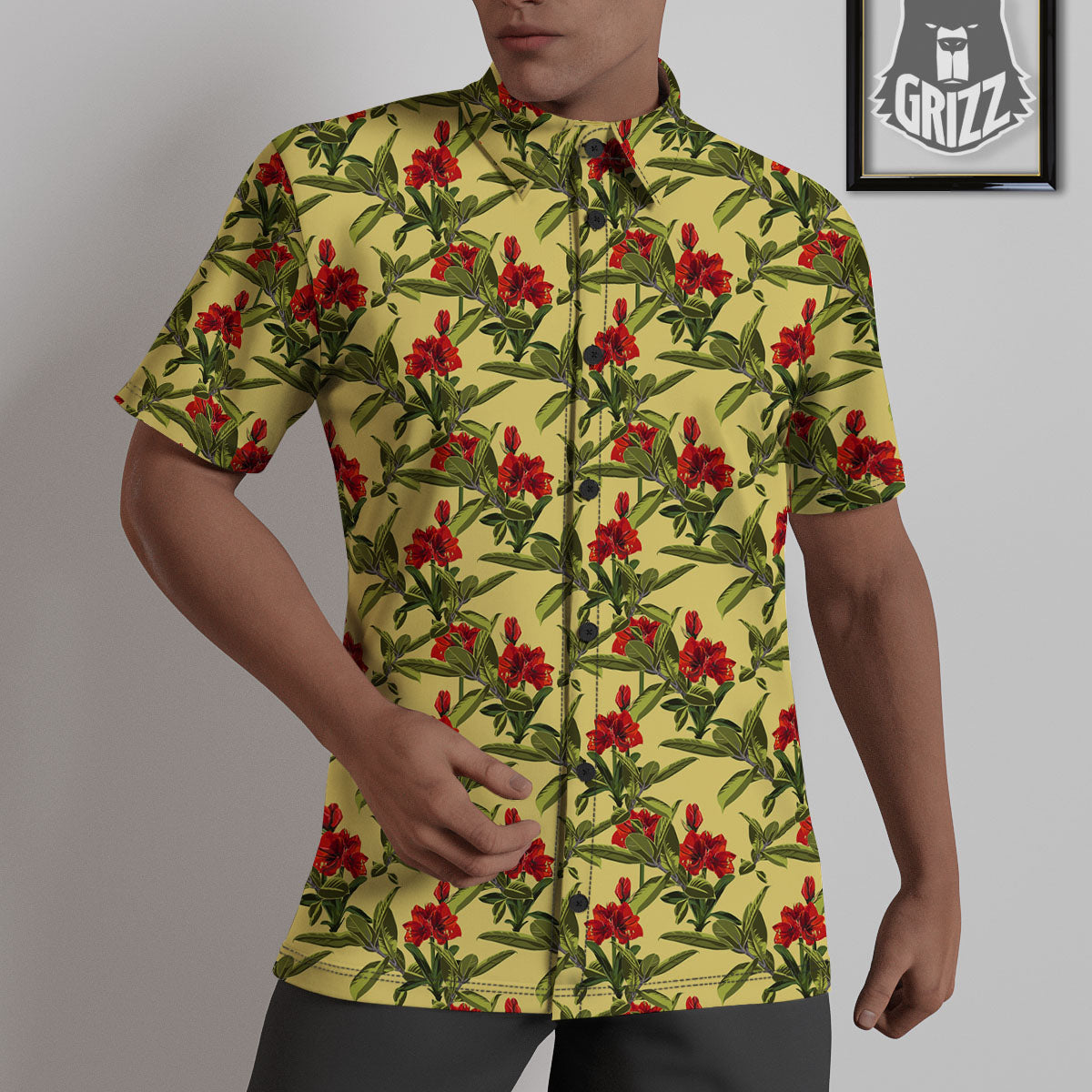 Amaryllis Red Yellow Print Pattern Untucked Shirts-grizzshop