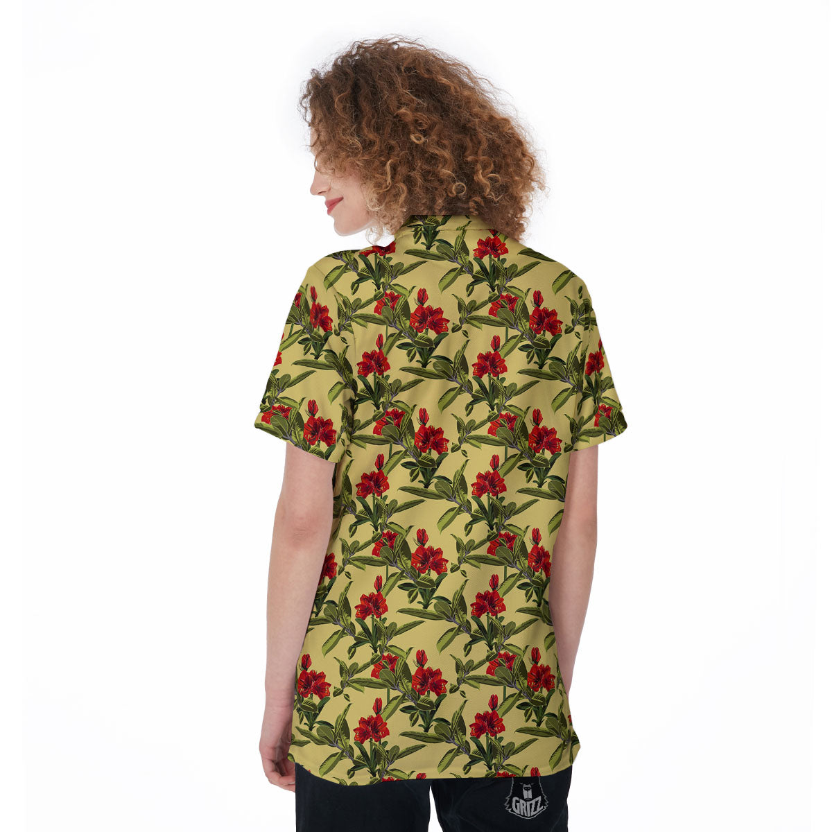 Amaryllis Red Yellow Print Pattern Women's Golf Shirts-grizzshop