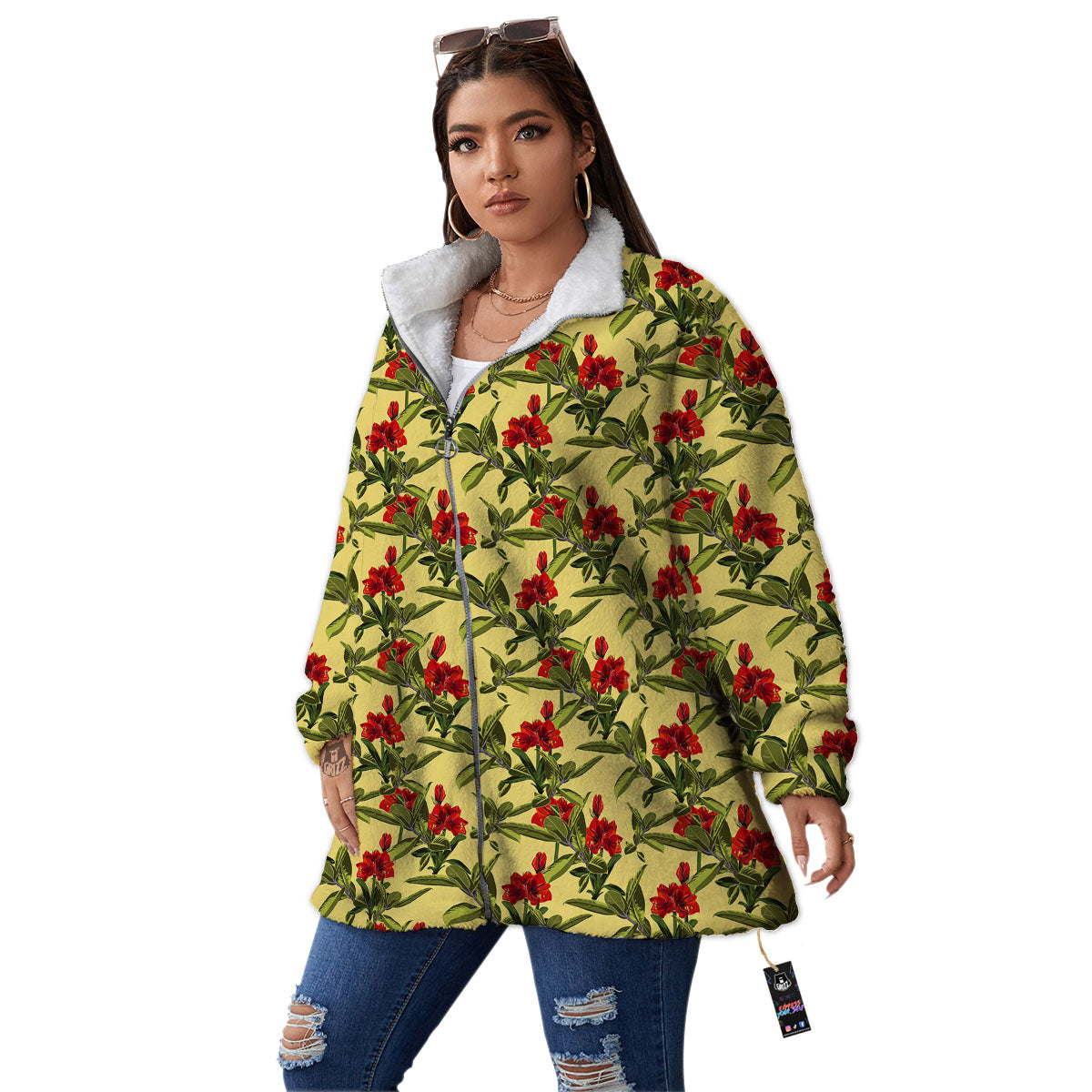 Amaryllis Red Yellow Print Pattern Women's Sherpa Jacket-grizzshop