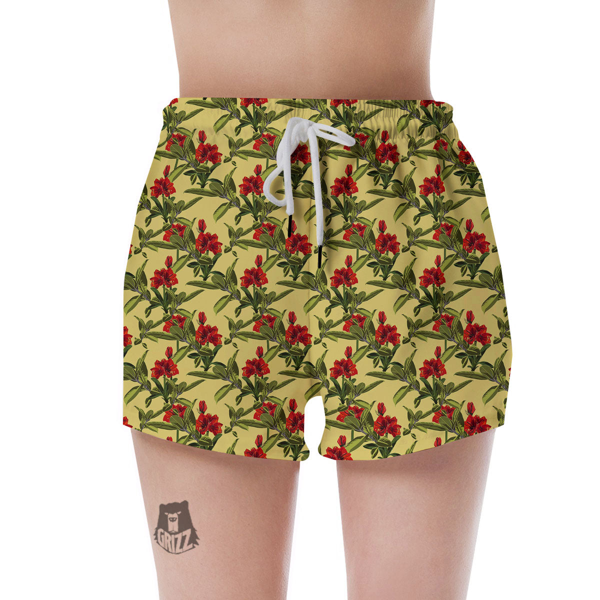 Amaryllis Red Yellow Print Pattern Women's Shorts-grizzshop