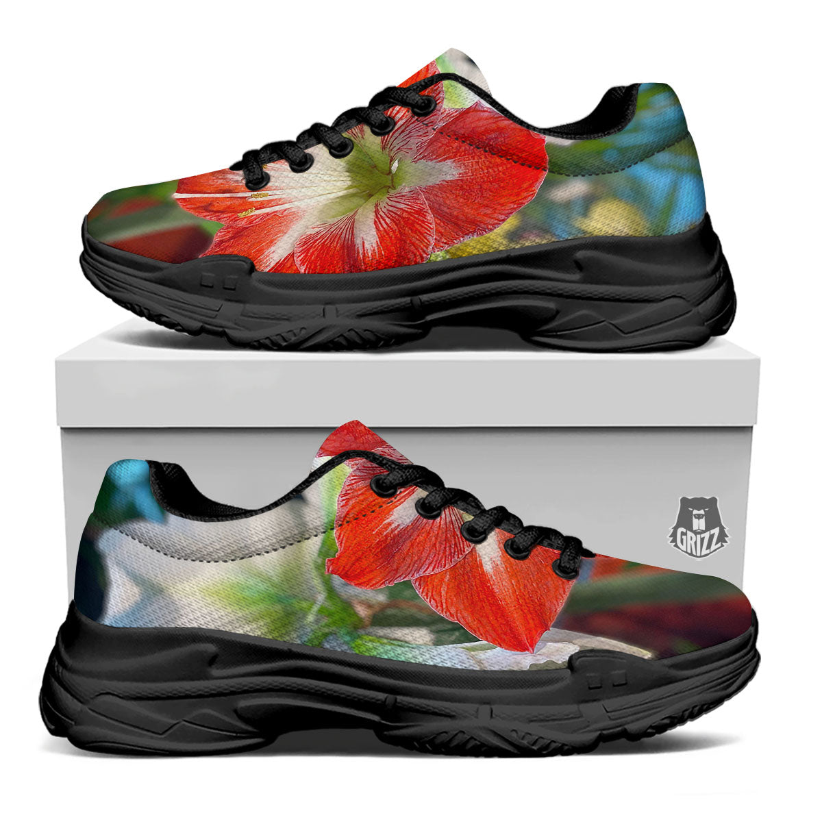 Amaryllis White And Red Print Black Chunky Shoes-grizzshop