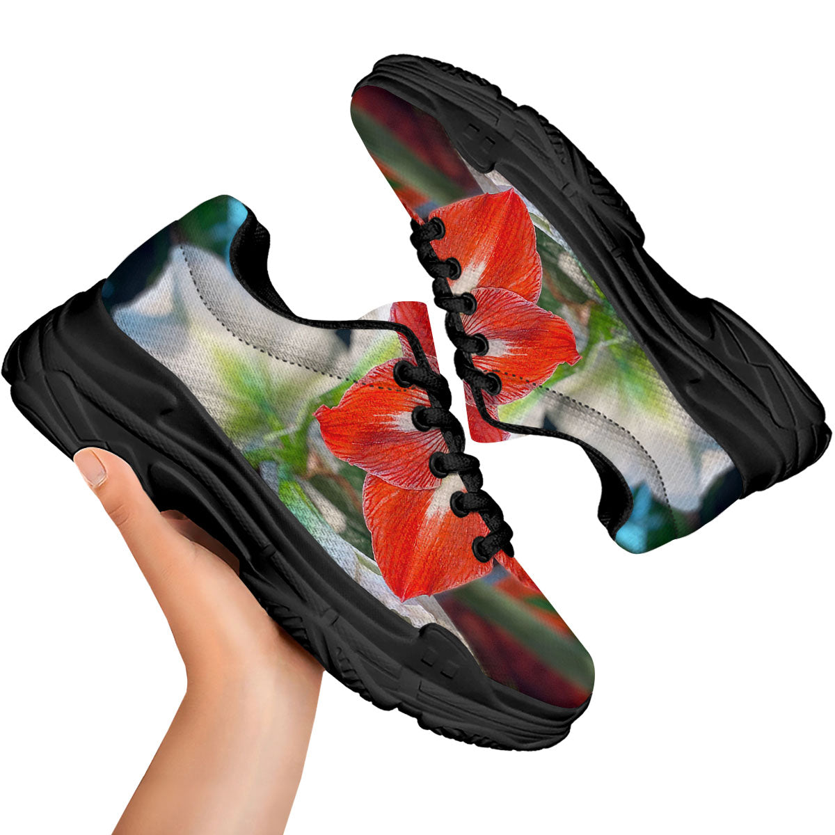 Amaryllis White And Red Print Black Chunky Shoes-grizzshop