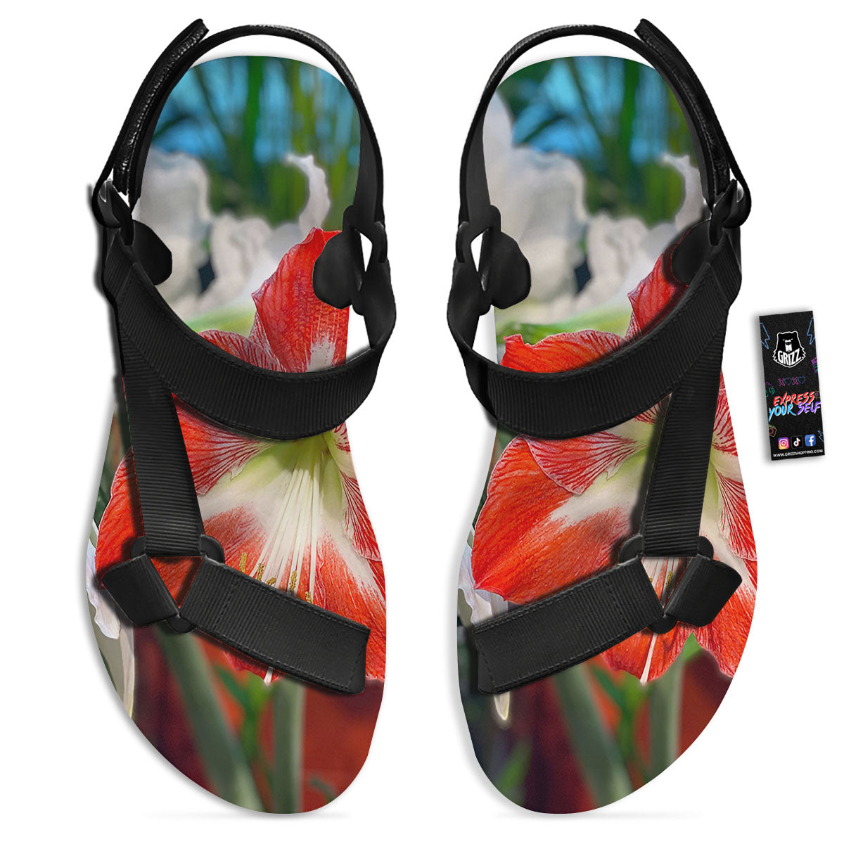 Amaryllis White And Red Print Black Open Toe Sandals-grizzshop