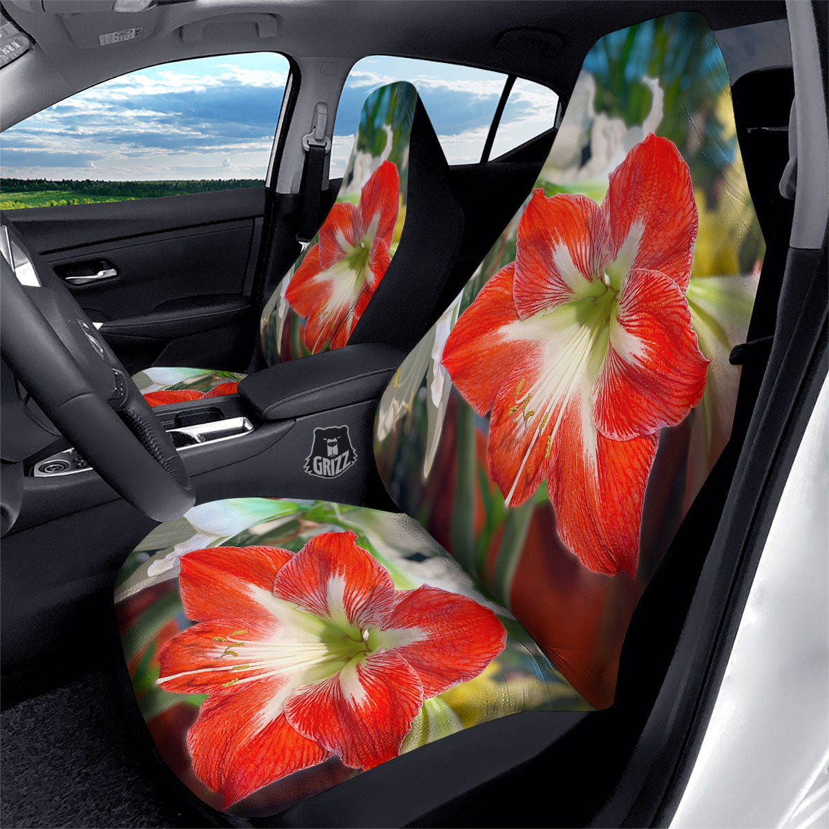 Amaryllis White And Red Print Car Seat Covers-grizzshop
