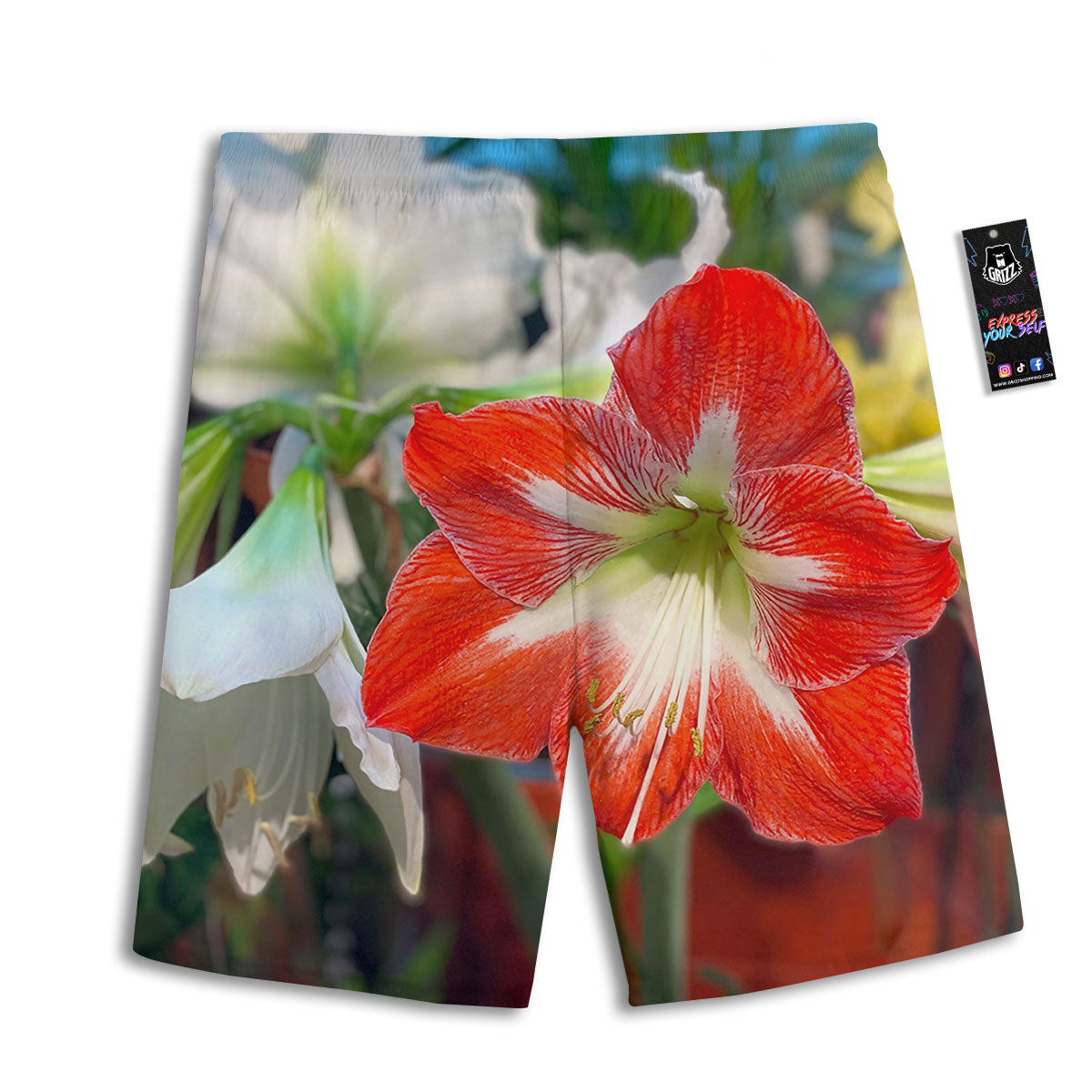 Amaryllis White And Red Print Men's Athletic Shorts