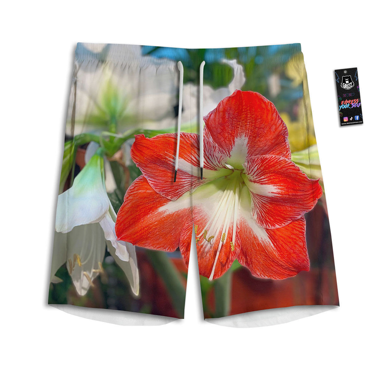 Amaryllis White And Red Print Men's Athletic Shorts