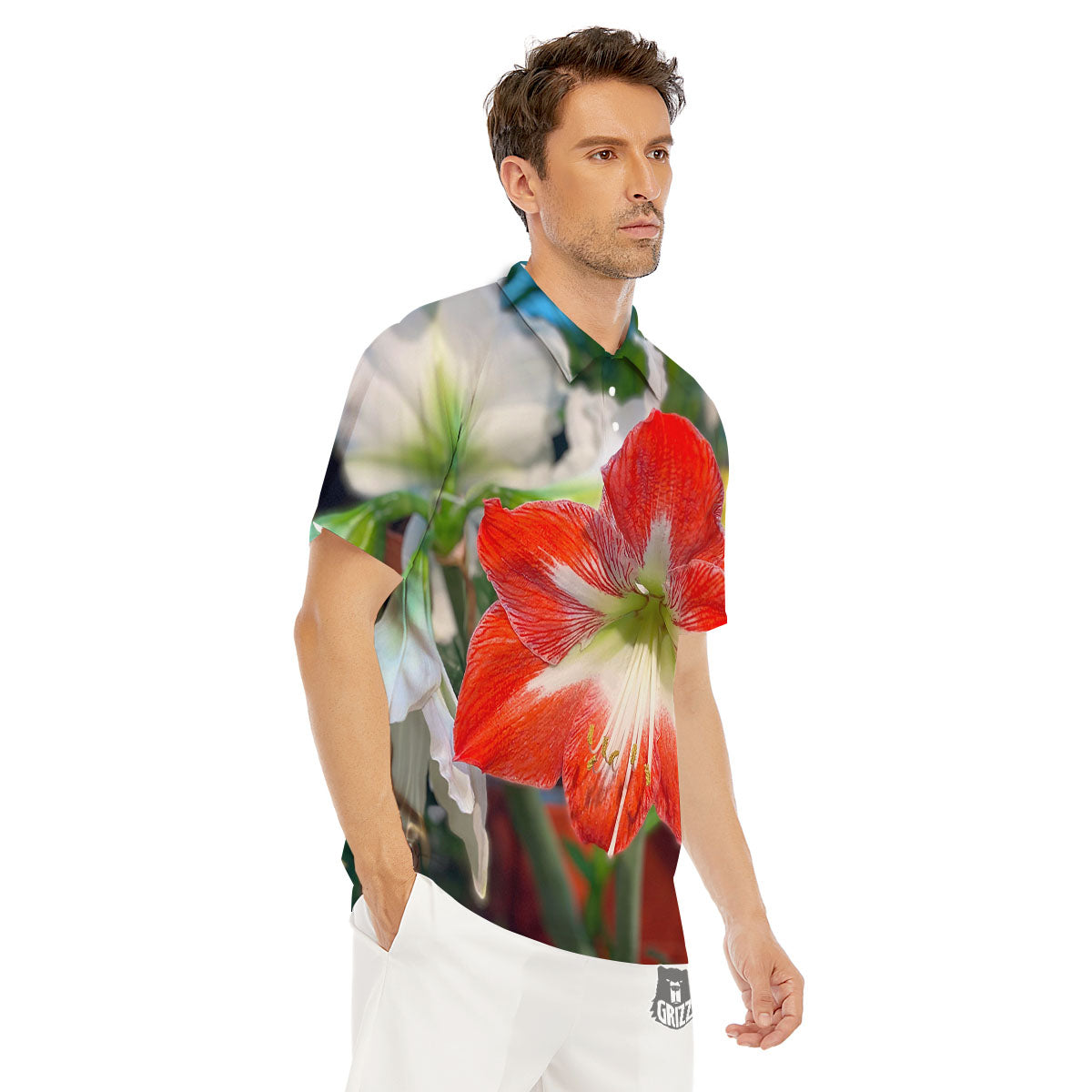 Amaryllis White And Red Print Men's Golf Shirts-grizzshop