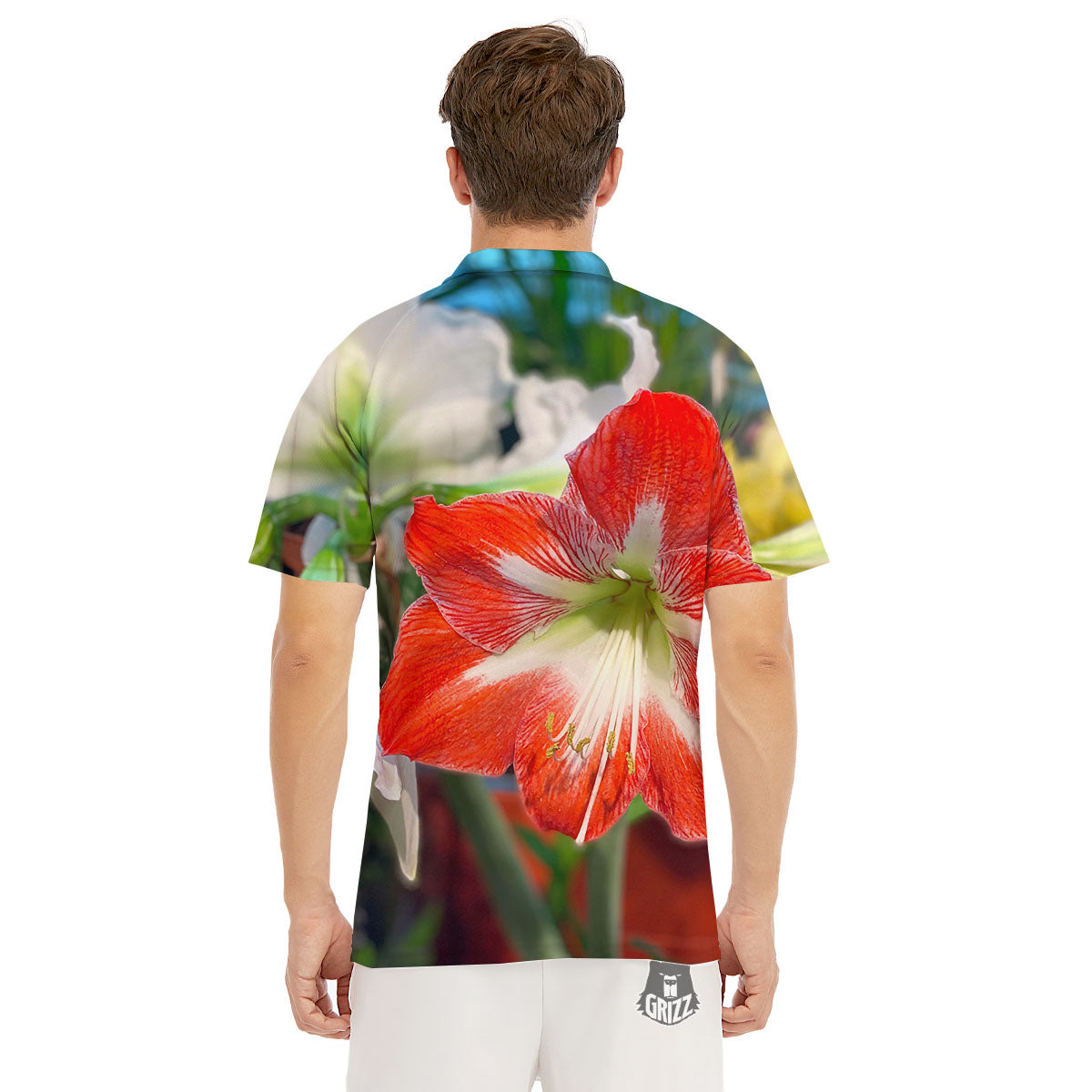 Amaryllis White And Red Print Men's Golf Shirts-grizzshop