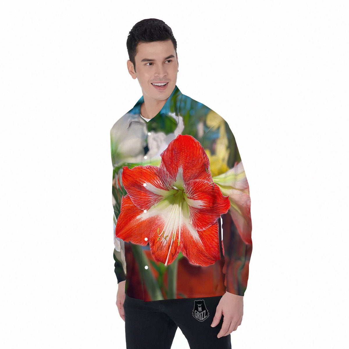Amaryllis White And Red Print Men's Long Sleeve Shirts-grizzshop