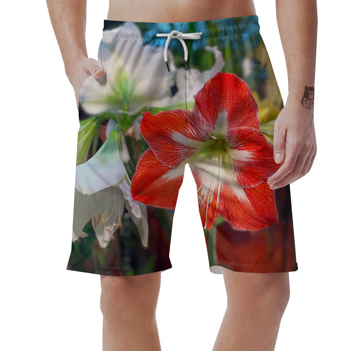 Amaryllis White And Red Print Men's Shorts-grizzshop