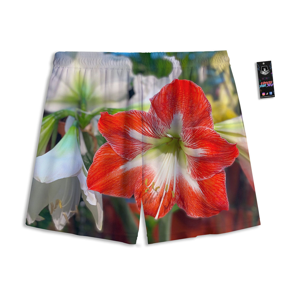 Amaryllis White And Red Print Mesh Shorts