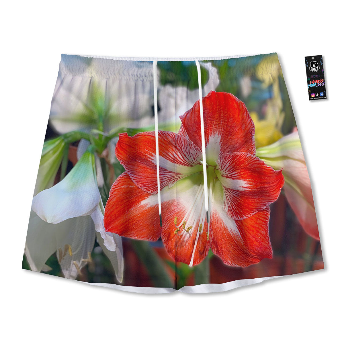 Amaryllis White And Red Print Mesh Shorts