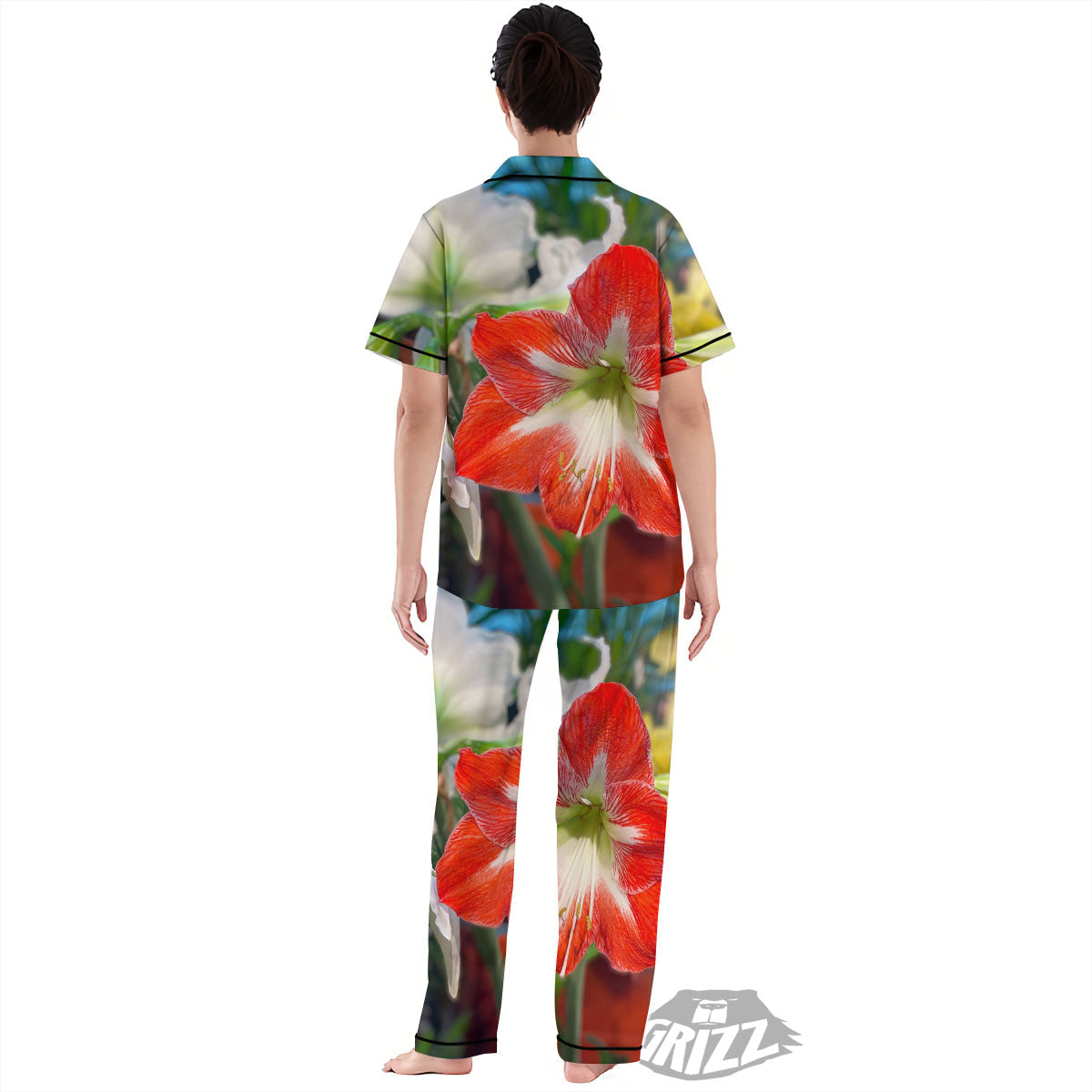 Amaryllis White And Red Print Women's Pajamas Set-grizzshop