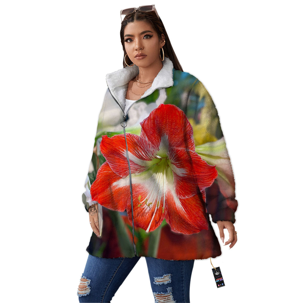 Amaryllis White And Red Print Women's Sherpa Jacket-grizzshop