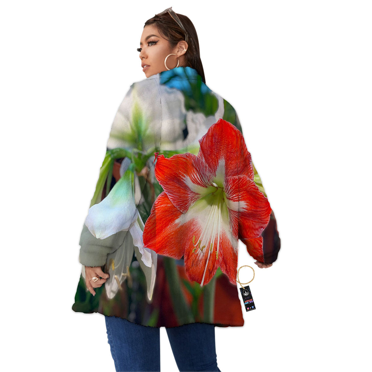 Amaryllis White And Red Print Women's Sherpa Jacket-grizzshop