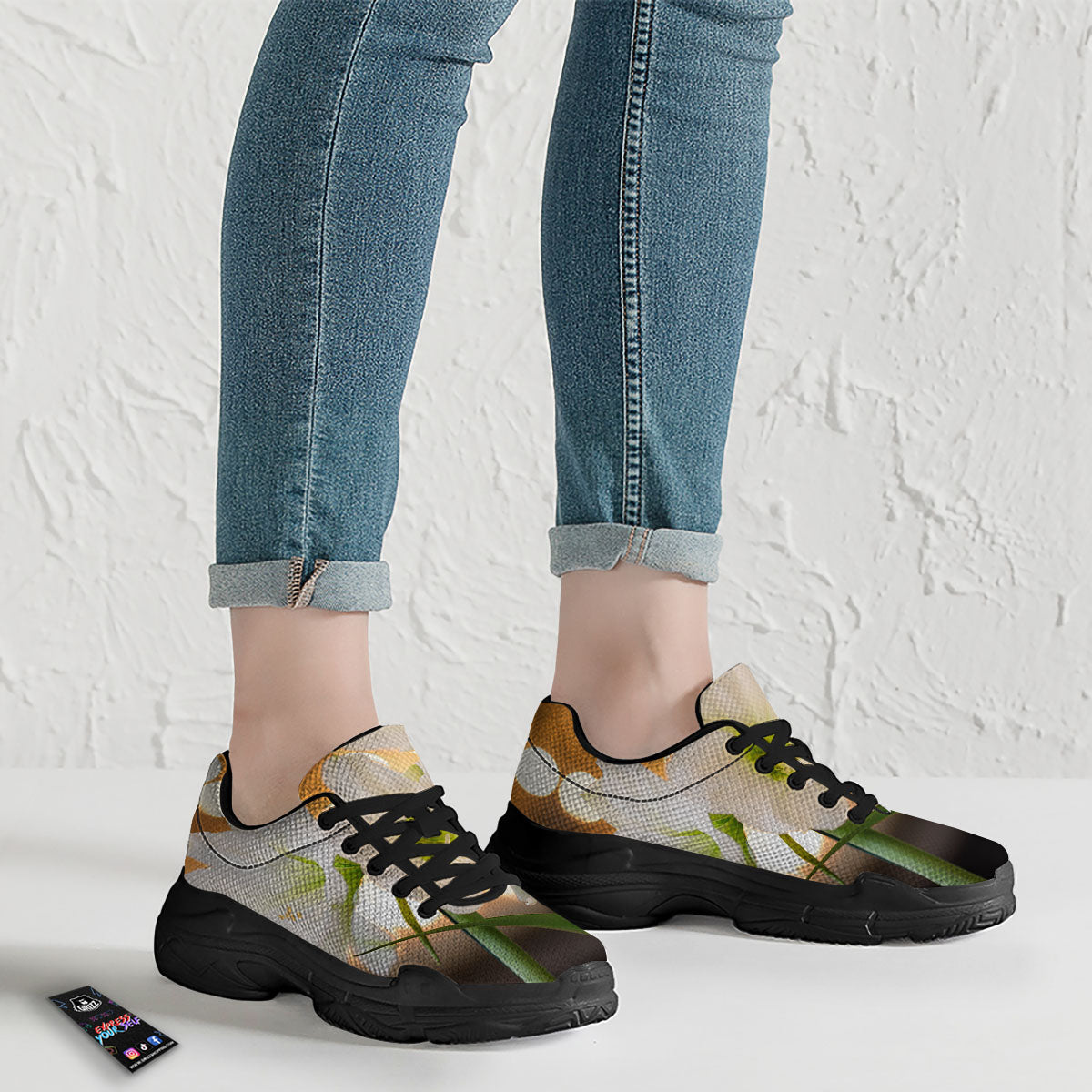 Amaryllis White Print Black Chunky Shoes-grizzshop