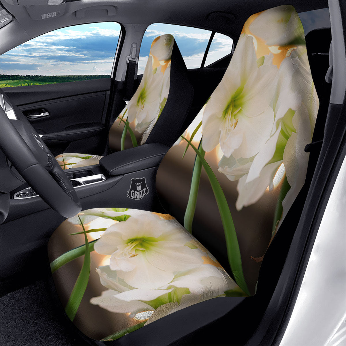 Amaryllis White Print Car Seat Covers-grizzshop