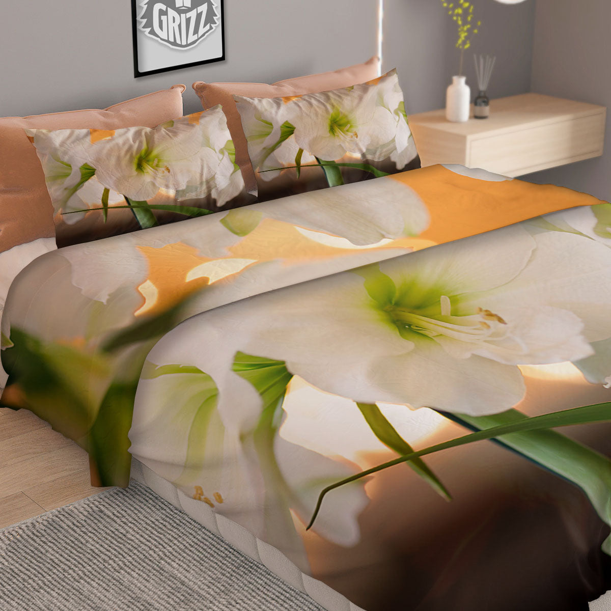 Amaryllis White Print Duvet Cover Bedding Set