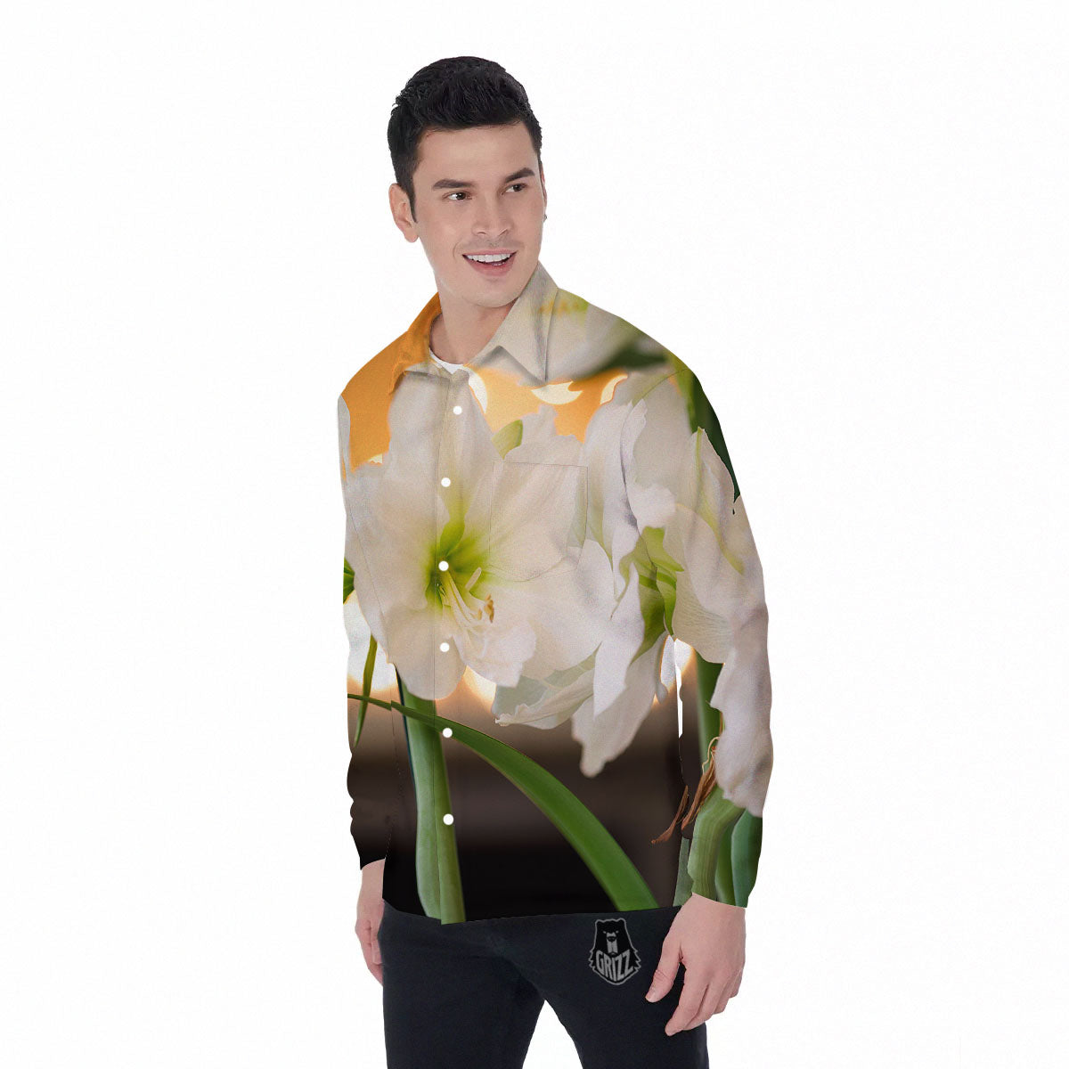 Amaryllis White Print Men's Long Sleeve Shirts-grizzshop