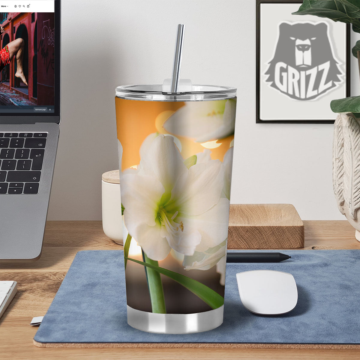 Amaryllis White Print Tumbler-grizzshop