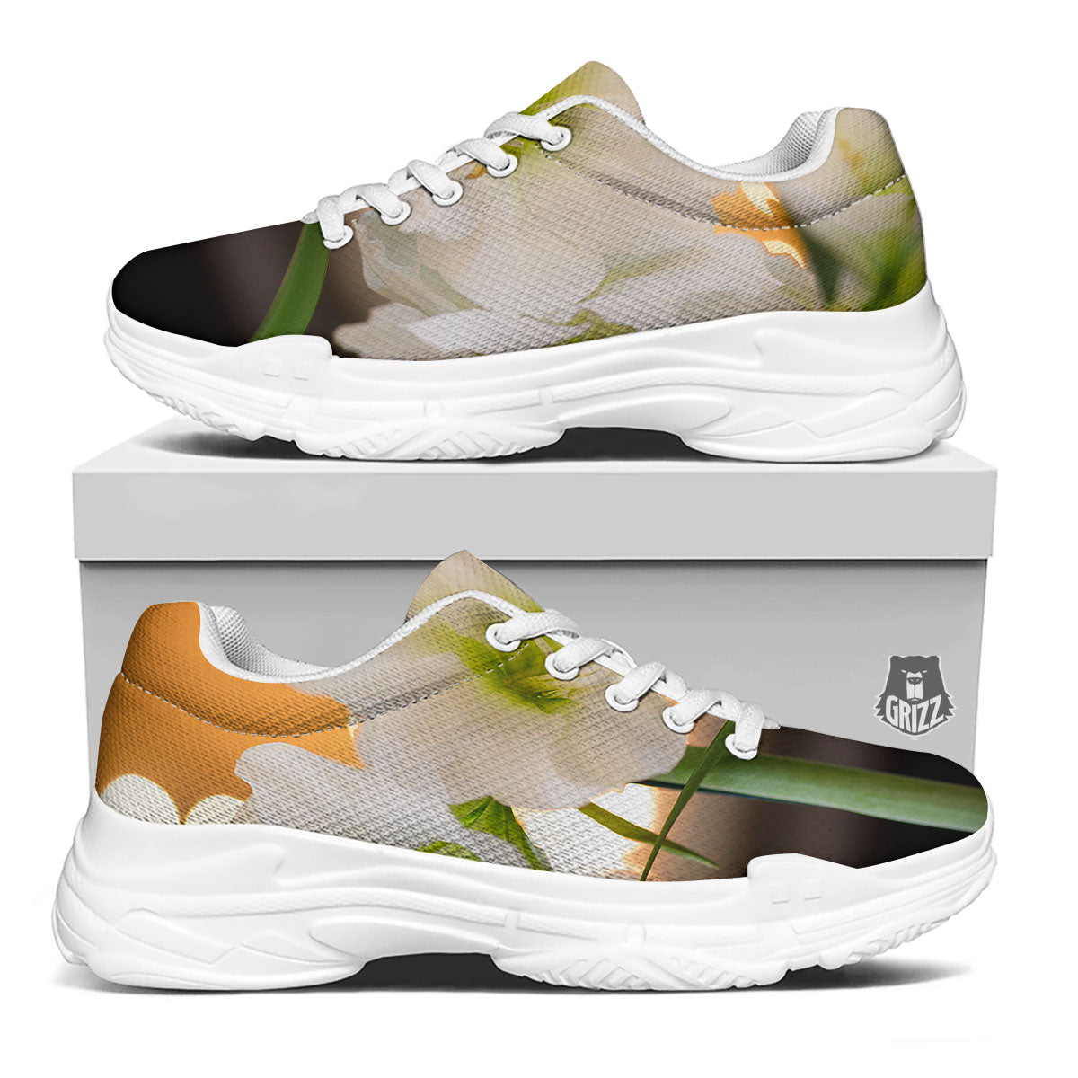 Amaryllis White Print White Chunky Shoes-grizzshop