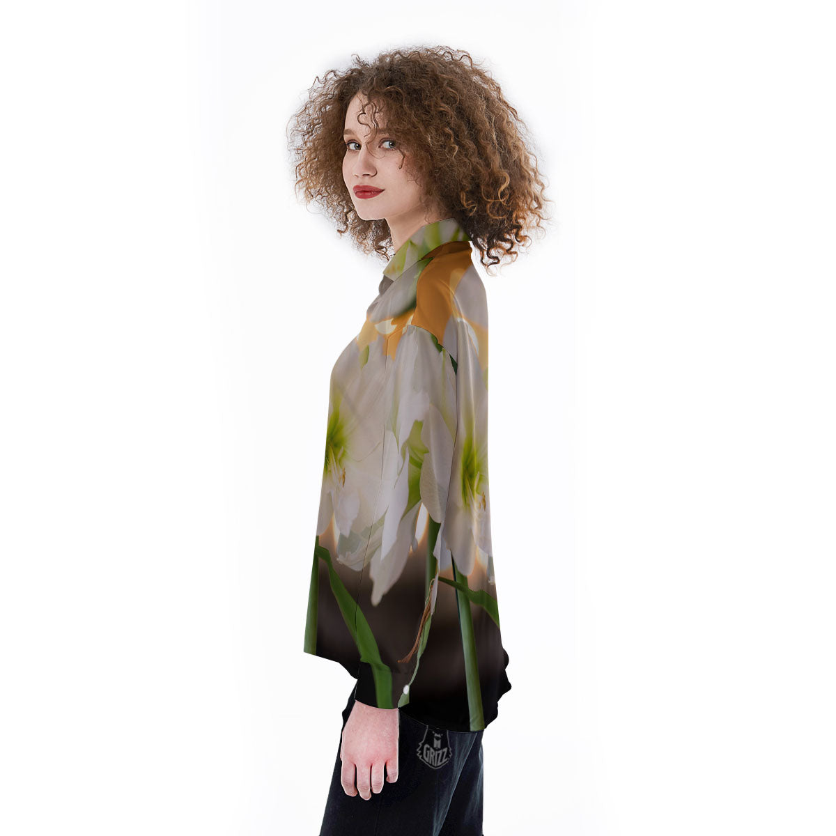 Amaryllis White Print Women's Long Sleeve Shirts-grizzshop