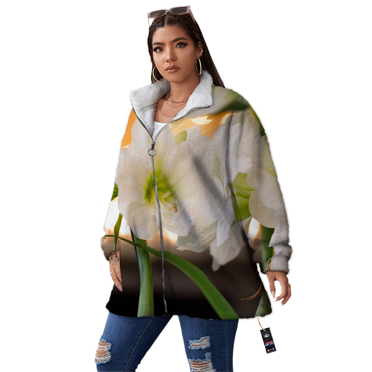 Amaryllis White Print Women's Sherpa Jacket-grizzshop